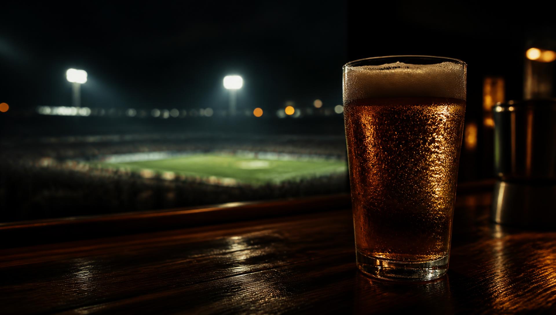 Cold pint of beer on a bar with a floodlit football stadium behind it